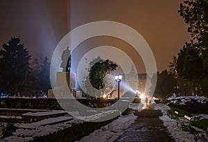 Vasile Lucaciu historical statue in Satu Mare at night