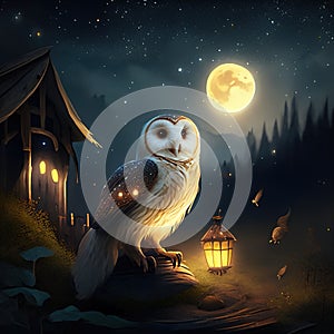 Night scene with owl and moon, 3D illustration. Halloween background. AI generated