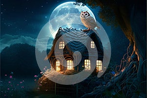 Night scene with owl and old house in the forest. Halloween background