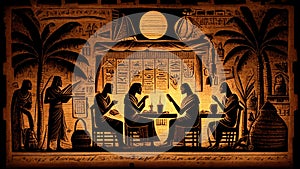 Night scene painting on papyrus Egyptian culture Generative AI Illustration