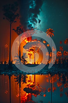 Night scene with palm trees and fire in the sky with reflection in the water. Generative AI