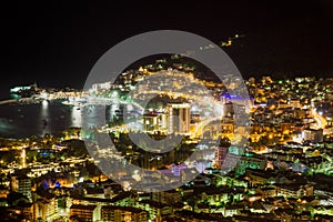 Night scene panorama of city at sea in Montenegro