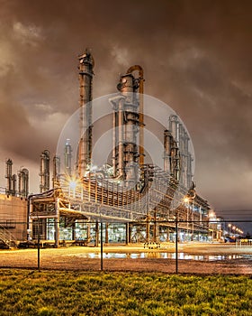 Night scene with petrochemical production plant with plumes of smoke