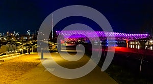 Night scene Pier at Farnam Street at the Heartland of America Park Riverfront Omaha Nebraska USA