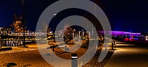 Night scene Pier at Farnam Street on the Missouri River Heartland of America Park Omaha Nebraska.