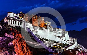 Night Scene of Potala Palace in Lhasa, Tibet Autonomous Region. Former Dalai Lama residence, now is a museum and Heritage Site