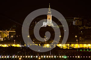 Night scene from Sava river of Belgrade downtown with Serbian orthodox cathedral in the middle