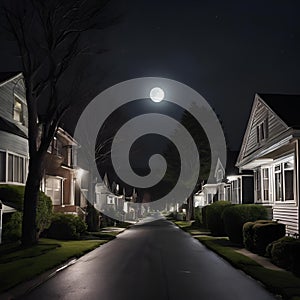 the night scene shows two homes on a quiet street as seen from a neighborhood street