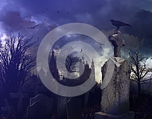 Night scene in a spooky graveyard