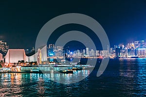 Night scene of Star Ferry pier, Kowloon Cost, Victoria Harbour, Hong Kong