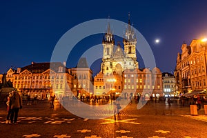 Night scene at staromestka square  and old gothic Tyn Church in evening Prague, Bohemia, Czech Republic photo