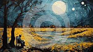 Memories Of Van Gogh: A Moonlit Bench In Thick Impasto Style photo