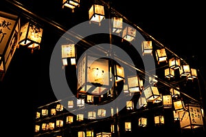 Night scene of votive lanterns at Japanese temple