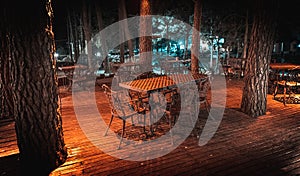 Night scene of wooden deck of an elegant outdoor bar, illuminated by small lamps in the trees that rise over the terrace
