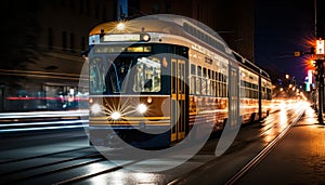 A night scene of Yonge Street in Toronto featuring streetcars in motion photo