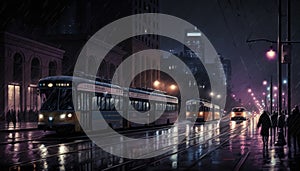 A night scene of Yonge Street in Toronto featuring streetcars in motion photo