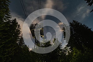 Night scene in Zakopane, cable car for the funicular in the forest in the Tatra mountains and the starry sky with clouds