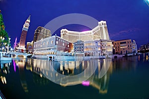 Night scenery of the extravagant exterior of the Venetian Macao