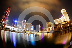 Night scenery of the grand exterior of the Venetian Macao Resort Hotel and modern buildings