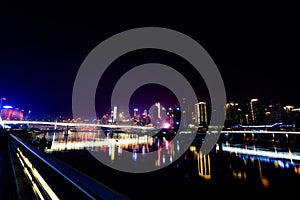 Night Scenery of High-rise Buildings of Chongqing River-Crossing Bridge in Asia