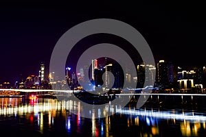 Night Scenery of High-rise Buildings of Chongqing River-Crossing Bridge in Asia