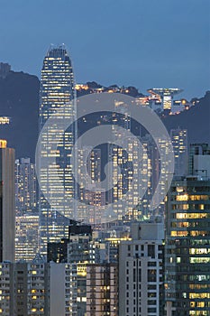 Night scenery of high rise buildings in downtown district of Hong Kong city photo