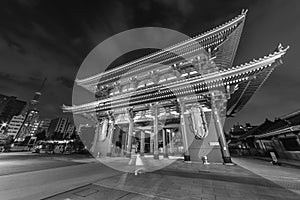 Night scenery of Historical landmark Hozomon Gate of Senso-Ji Temple in Asakusa, Tokyo, Japan