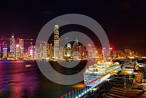 Night scenery of Hong Kong with a majestic skyline of crowded skyscrapers by Victoria Harbour