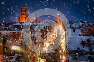 Night scenery of the Main Town of Gdansk during snowfall, Poland