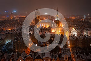 Night scenery of the Main Town of Gdansk after the snowfall, Poland