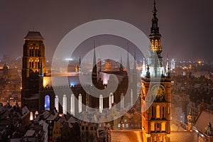 Night scenery of the Main Town of Gdansk after the snowfall, Poland