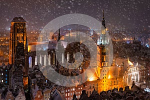 Night scenery of the Main Town of Gdansk during snowfall, Poland