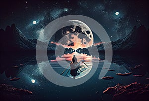 night scenery of a man rowing a boat among many glowing moons floating on the sea, digital art style, illustration oil