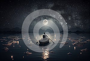 night scenery of a man rowing a boat among many glowing moons floating on the sea, digital art style, illustration oil