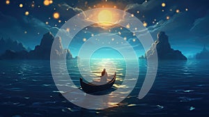 Night scenery of a man rowing a boat among many glowing moons floating on the sea, fantasy journey, surreal concept