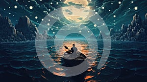 Night scenery of a man rowing a boat among many glowing moons floating on the sea, fantasy journey, surreal concept