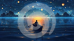 Night scenery of a man rowing a boat among many glowing moons floating on the sea, fantasy journey, surreal concept