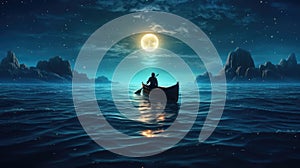 Night scenery of a man rowing a boat among many glowing moons floating on the sea, fantasy journey, surreal concept