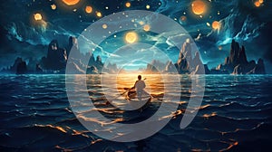 Night scenery of a man rowing a boat among many glowing moons floating on the sea, fantasy journey, surreal concept