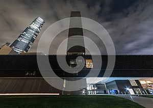 Night scenery of modern building and skyscraper in West Kowloon Cultural District of Hong Kong city