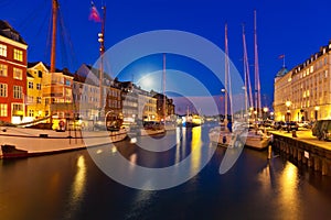 Night scenery of Nyhavn in Copenhagen, Denmark