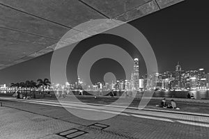 Night scenery of promenade in West Kowloon cultural district in Hong Kong city