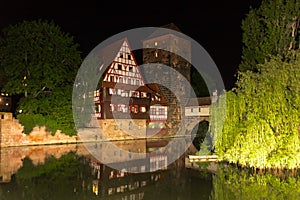 Night scenery- river Pegnitz, old bridge, old town - Nuremberg, Germany