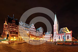 Night scenery of Romerberg Roman Mountain Square, a famous tourists destination in the old town of Frankfurt