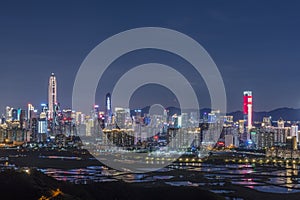 Skyline of downtown district of Shenzhen city, China. Viewed from Hong Kong border