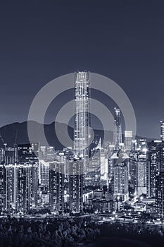 Night scenery of skyline of downtown district of Shenzhen city, China. Viewed from Hong Kong border