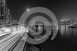 Night scenery of skyline and highway in Hong Kong city