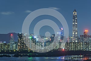 Night scenery of skyline of Shenzhen city, China. Viewed from Hong Kong border