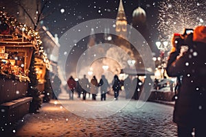 Night scenery of the street during christmas market during snowing and winter season.