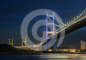 Night scenery of Tsing Ma bridge in Hong Kong